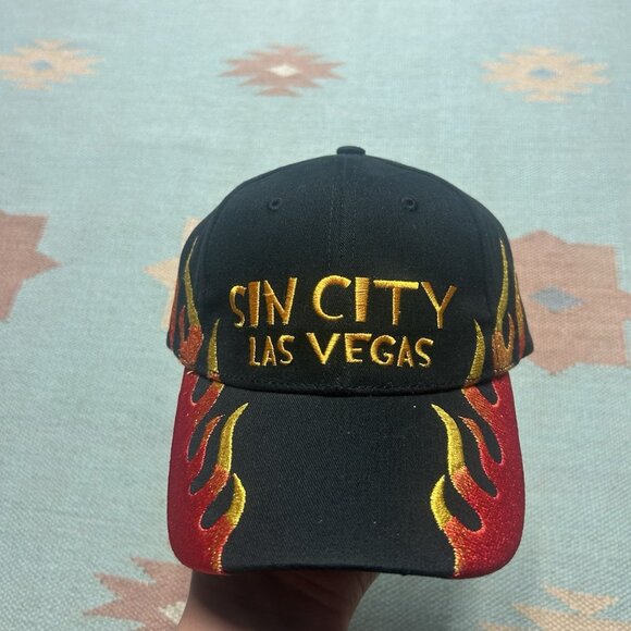 Vintage Strapback hat cap sin city Las Vegas flames fire y2k skater black - Picture 2 of 7
